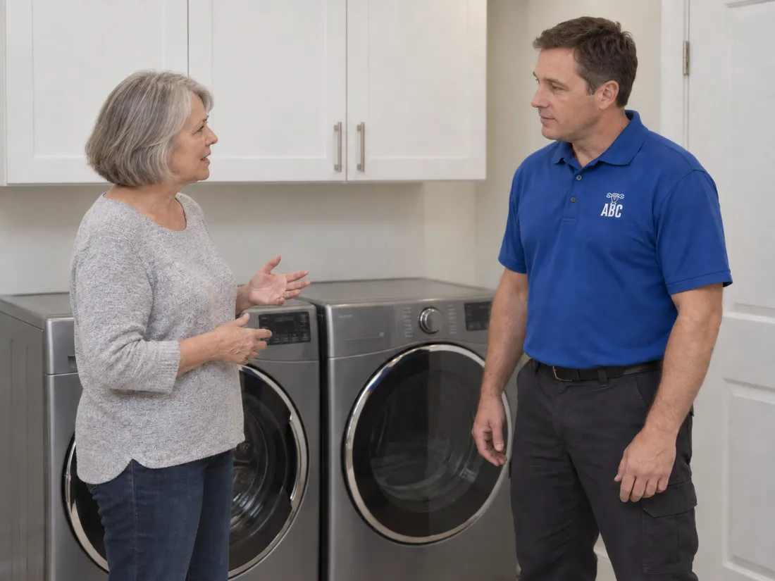 A technician and homeowner talking beside a washer and dryer