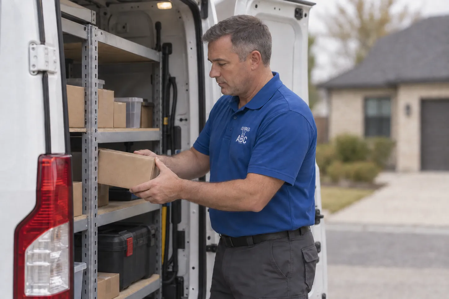 A technician checking parts before a service visit
