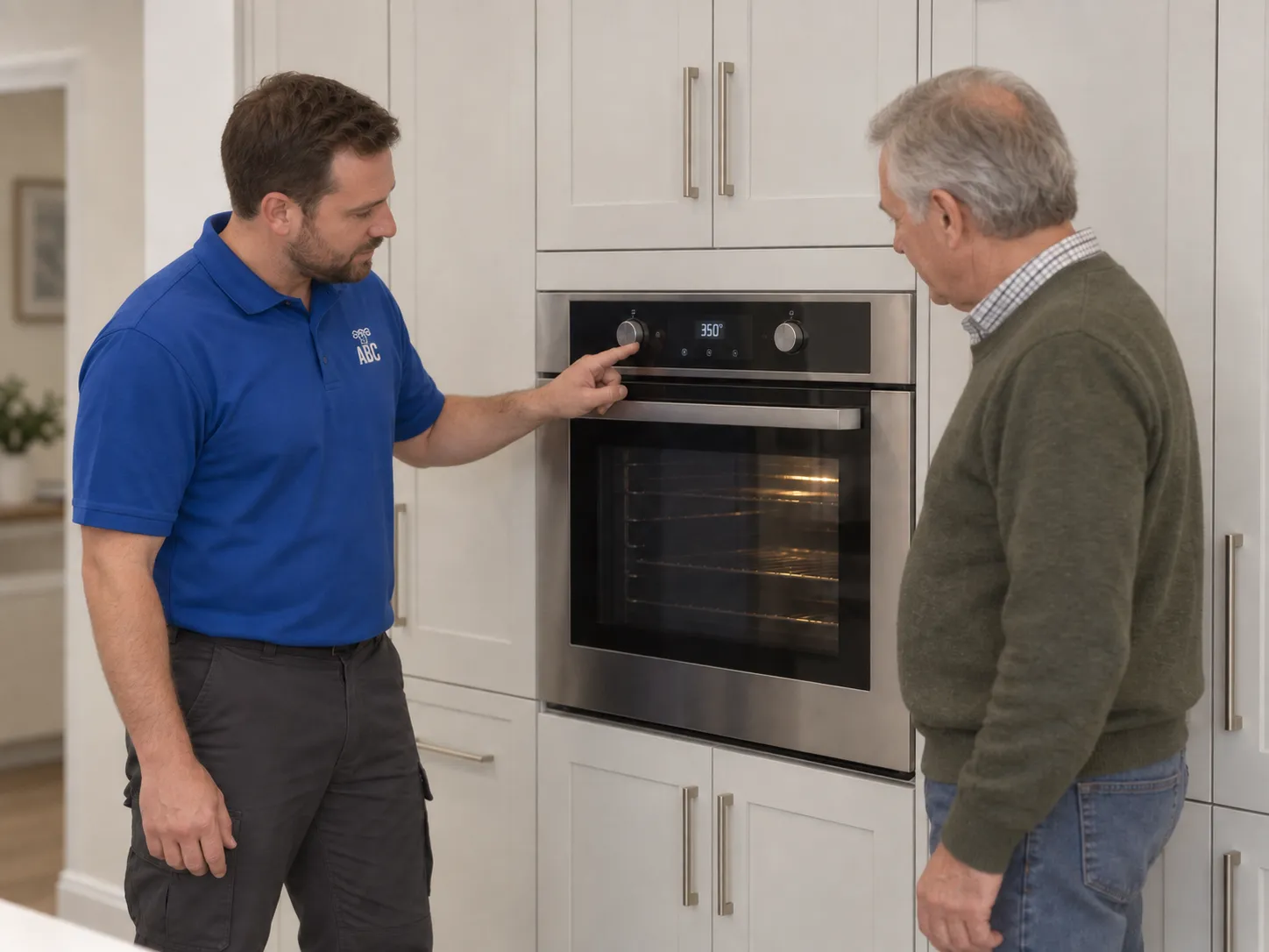 A technician beside a built-in oven