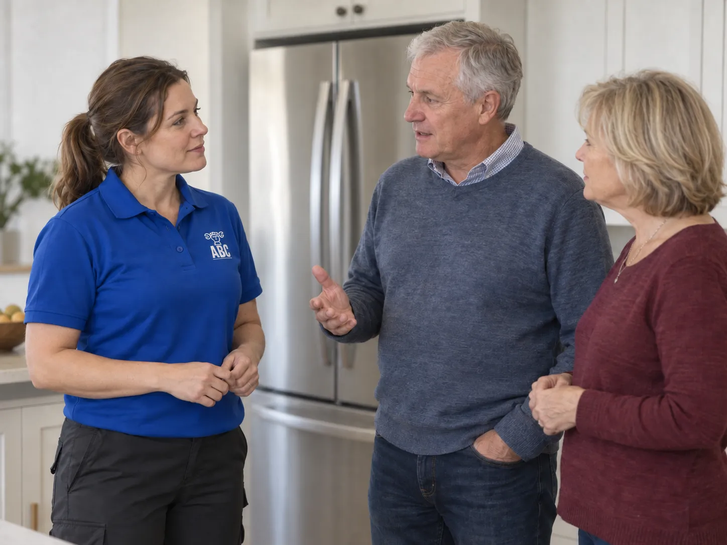 A technician talking through a repair with homeowners