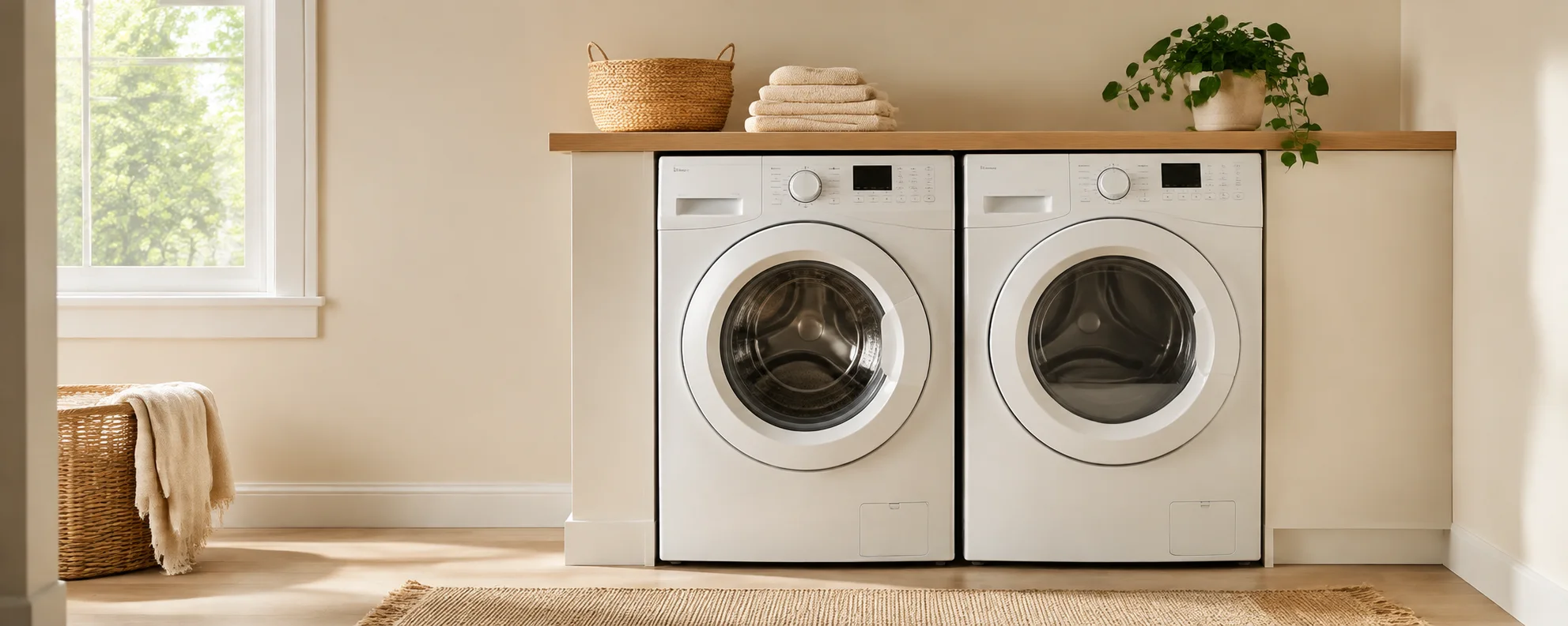 A matching washer and dryer together in a bright laundry room